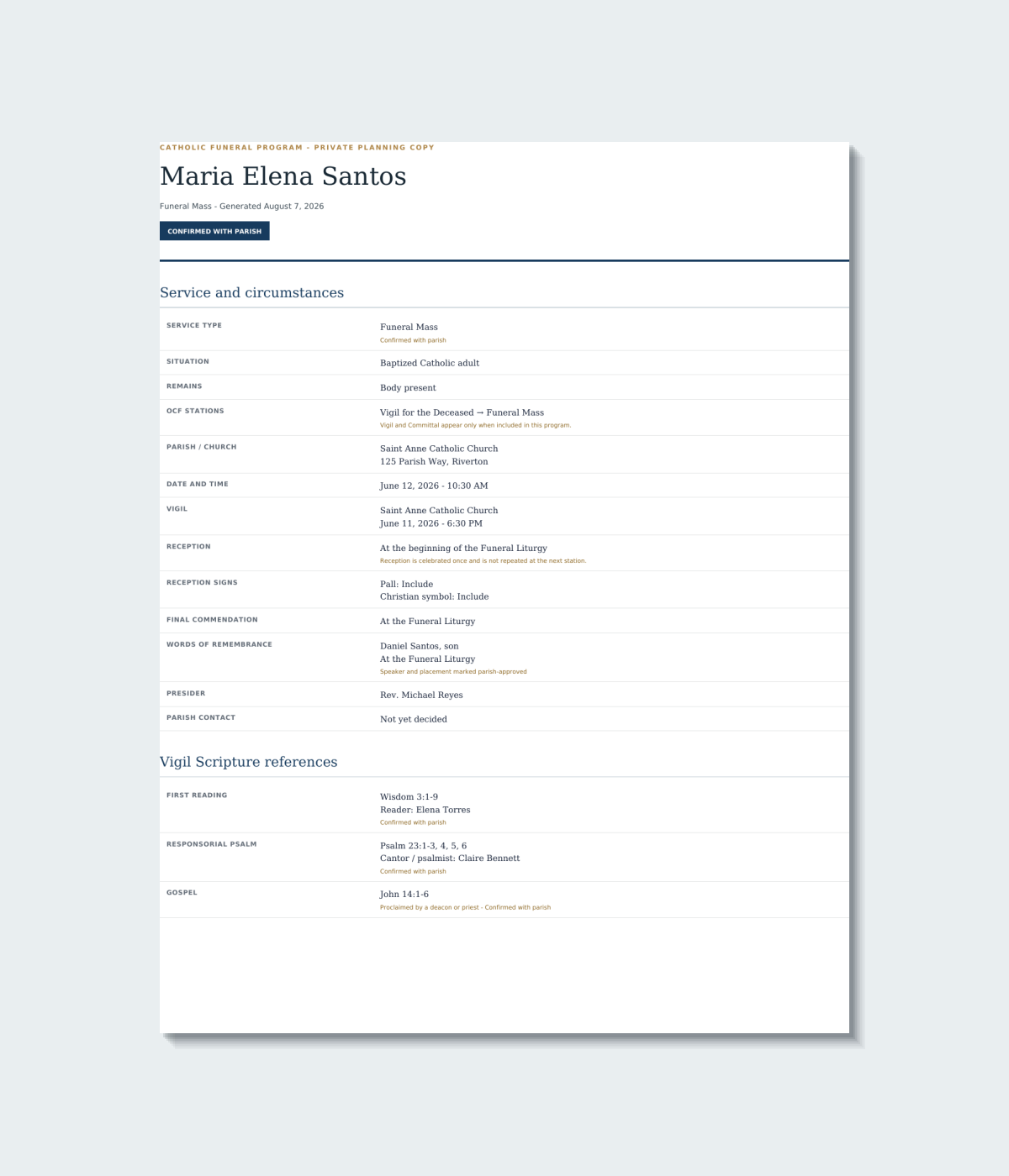 Catholic funeral parish planning sheet summarizing choices and questions