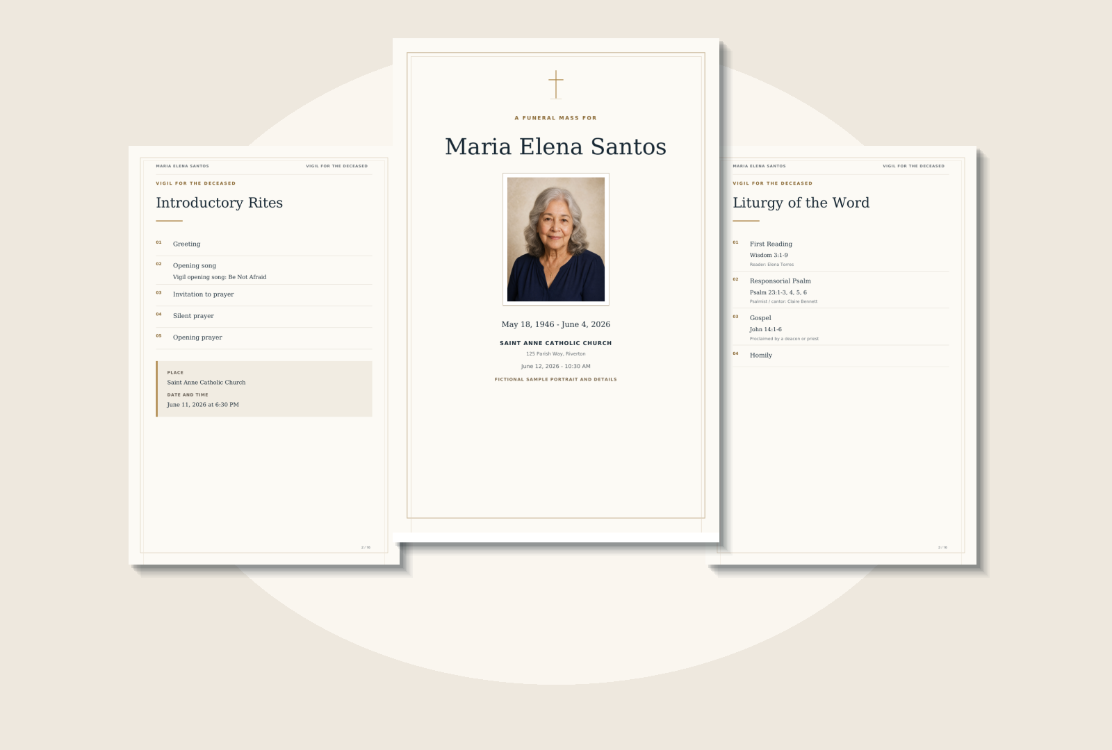 Finished Catholic funeral booklet, inside program, and parish planning sheet