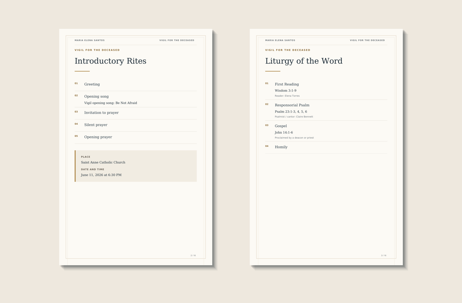 Inside spread of a Catholic funeral Mass program with clear liturgical sections