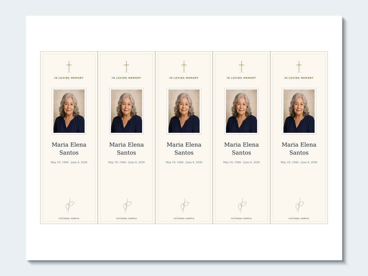 Five coordinated Catholic memorial bookmarks on one print sheet