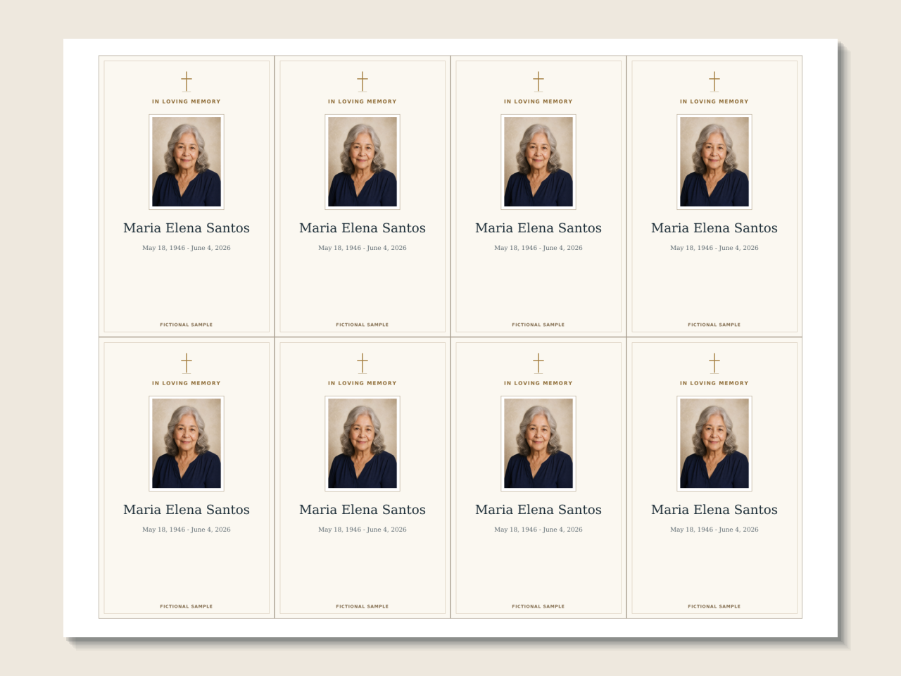 Eight coordinated Catholic memorial prayer cards on one print sheet