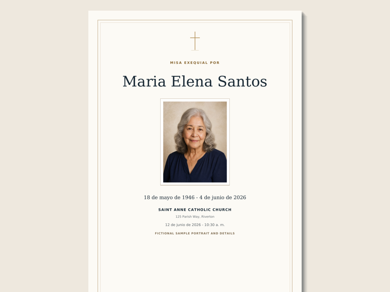 Folleto funerario católico terminado con portada, orden de la Misa y hoja de planificación parroquial